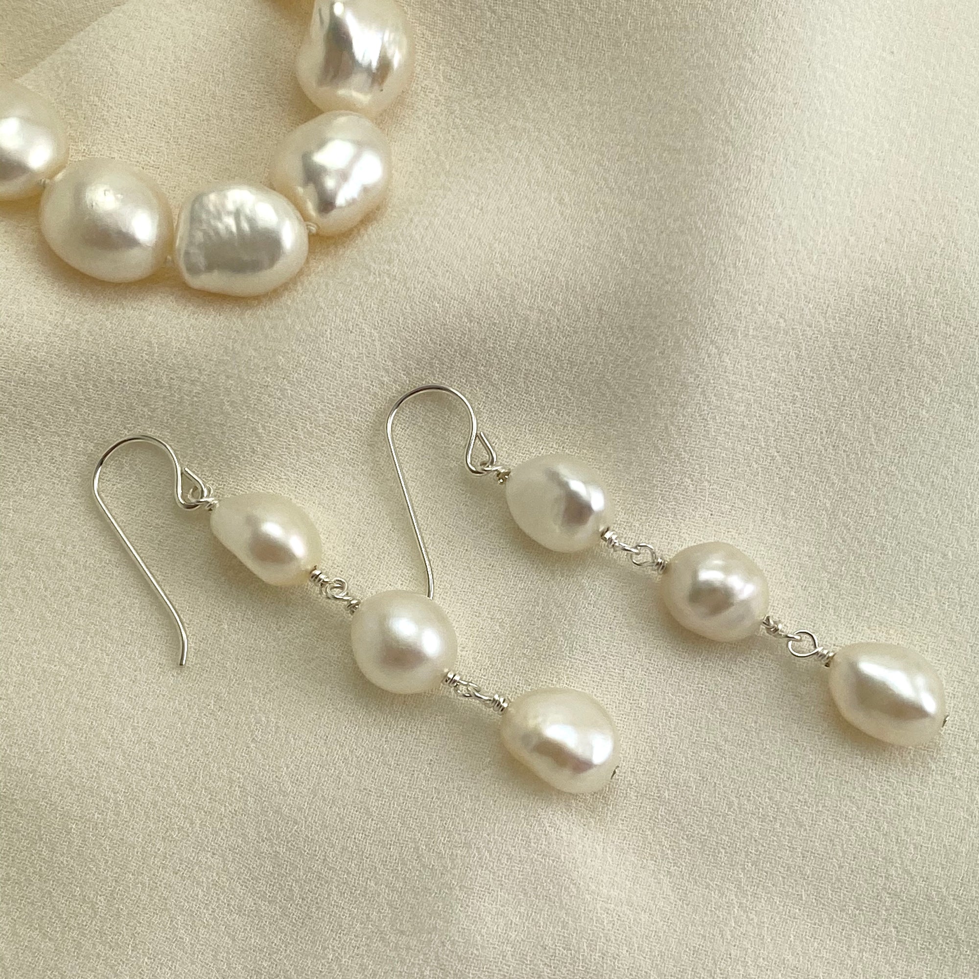 Waltz Baroque Freshwater Pearl Cascade Drop Earrings in Silver - Ativa Jewellery