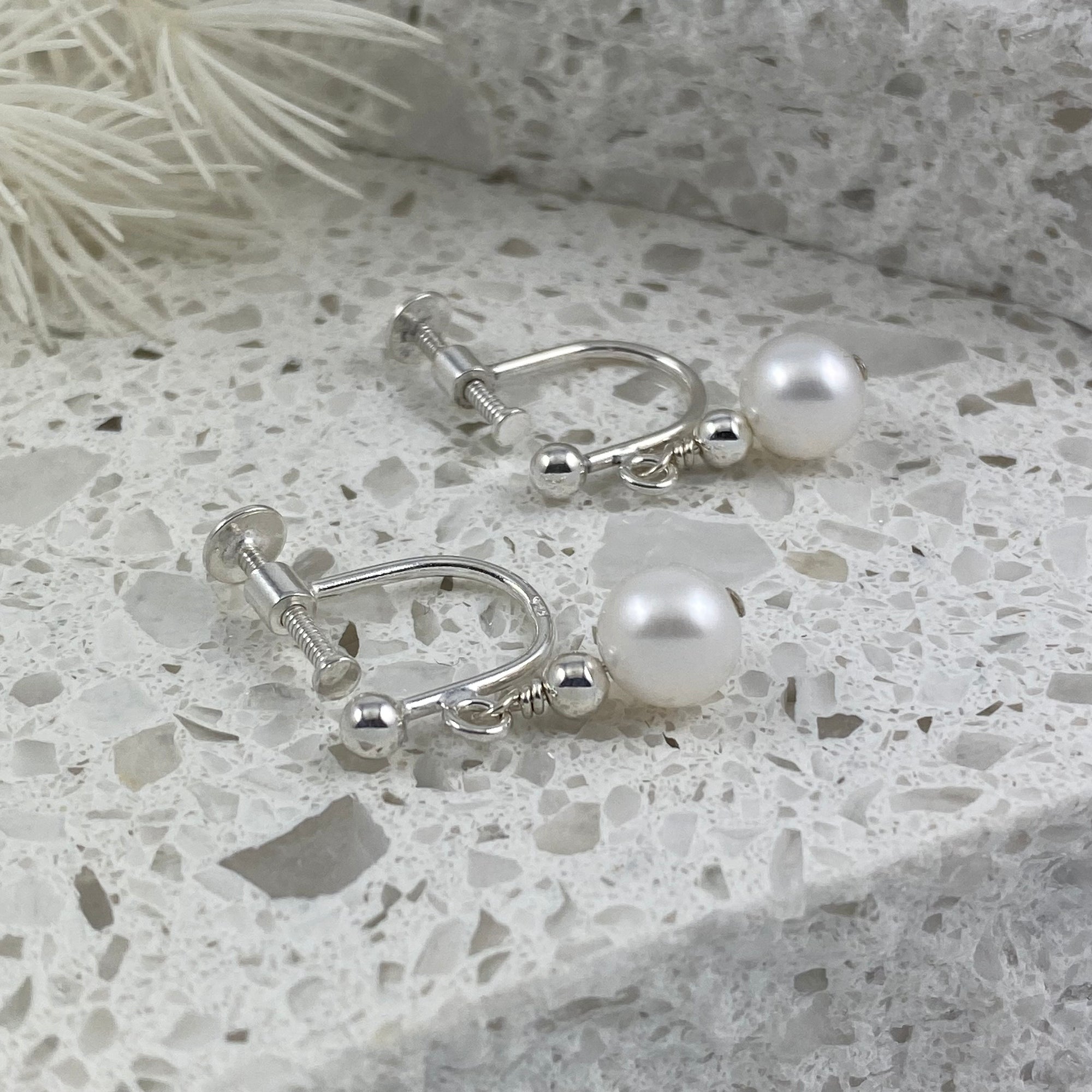 Waltz Sterling Silver & Petite Pearl Drop Screw-On Earrings - Ativa Jewellery