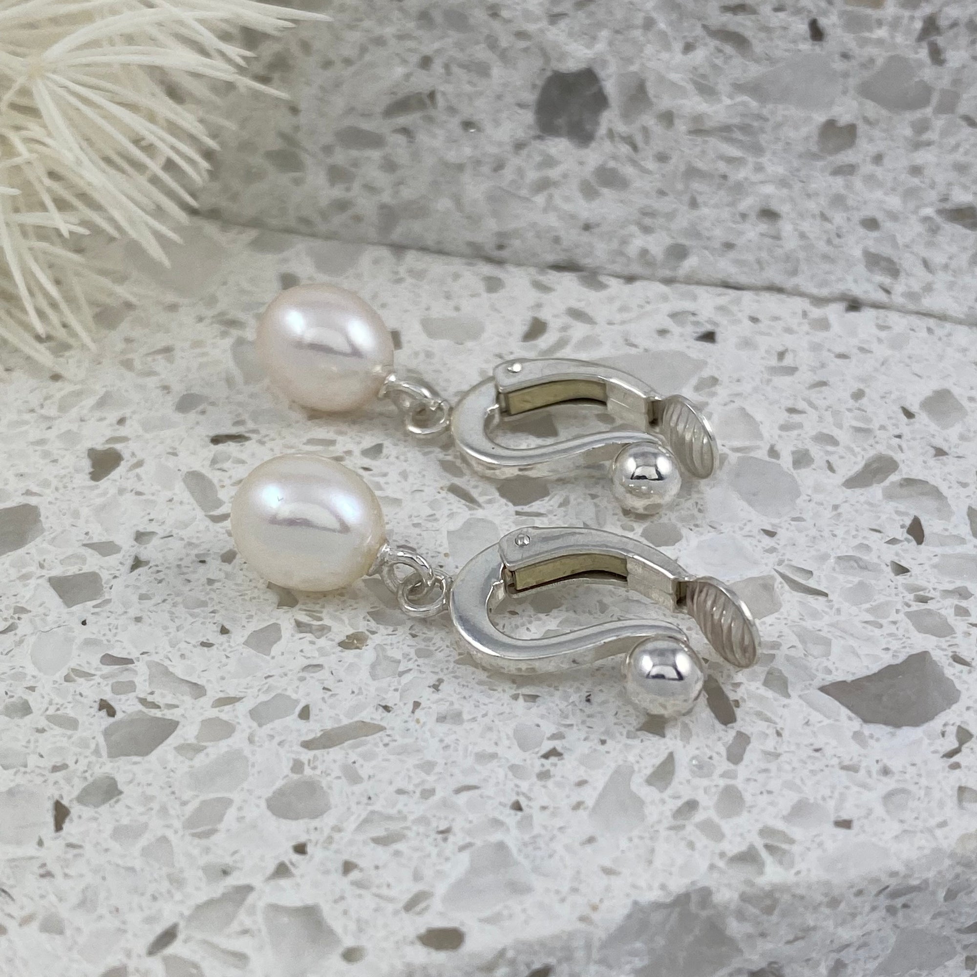 Waltz Sterling Silver & Pearl Drop Clip-On Earrings - Ativa Jewellery