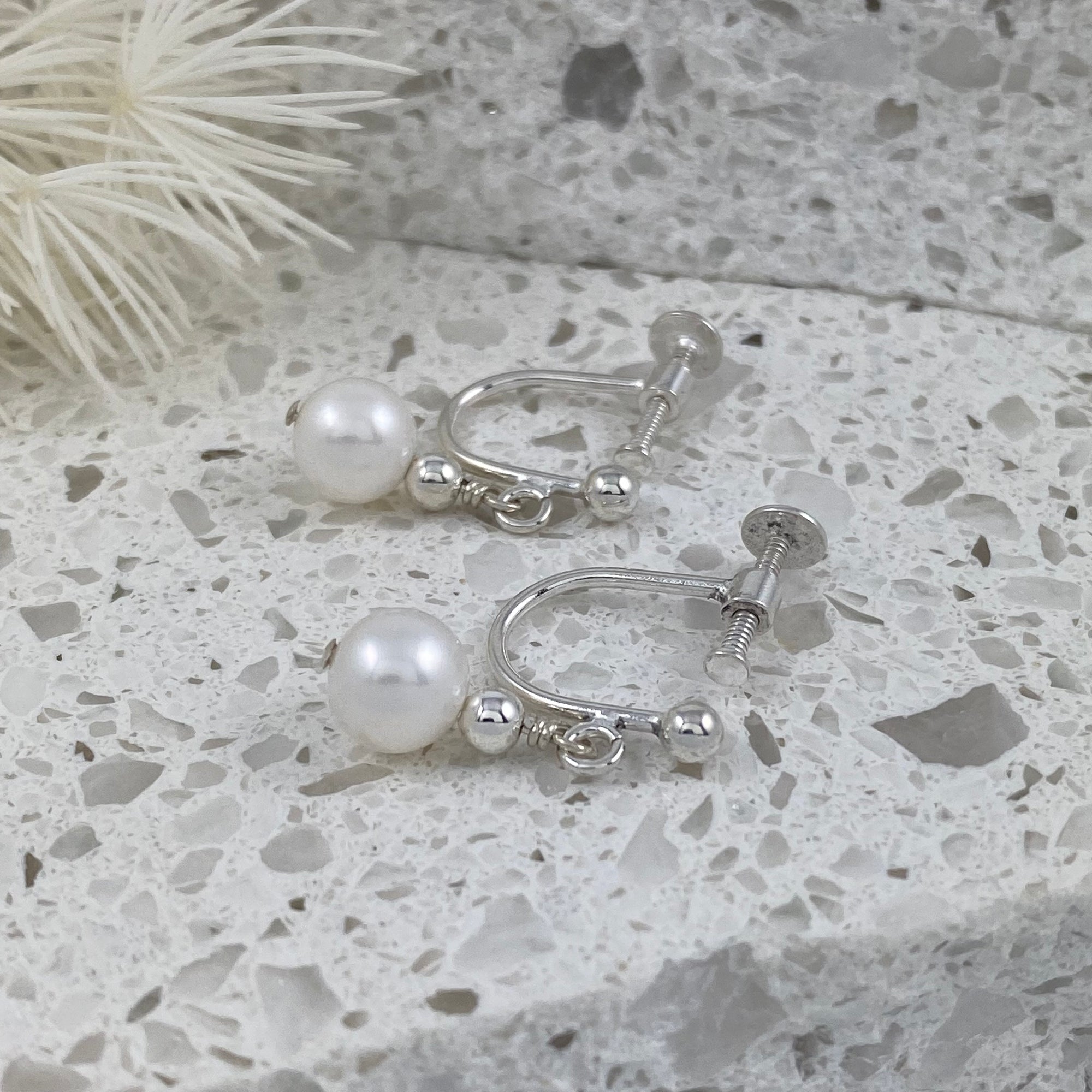 Waltz Sterling Silver & Petite Pearl Drop Screw-On Earrings - Ativa Jewellery