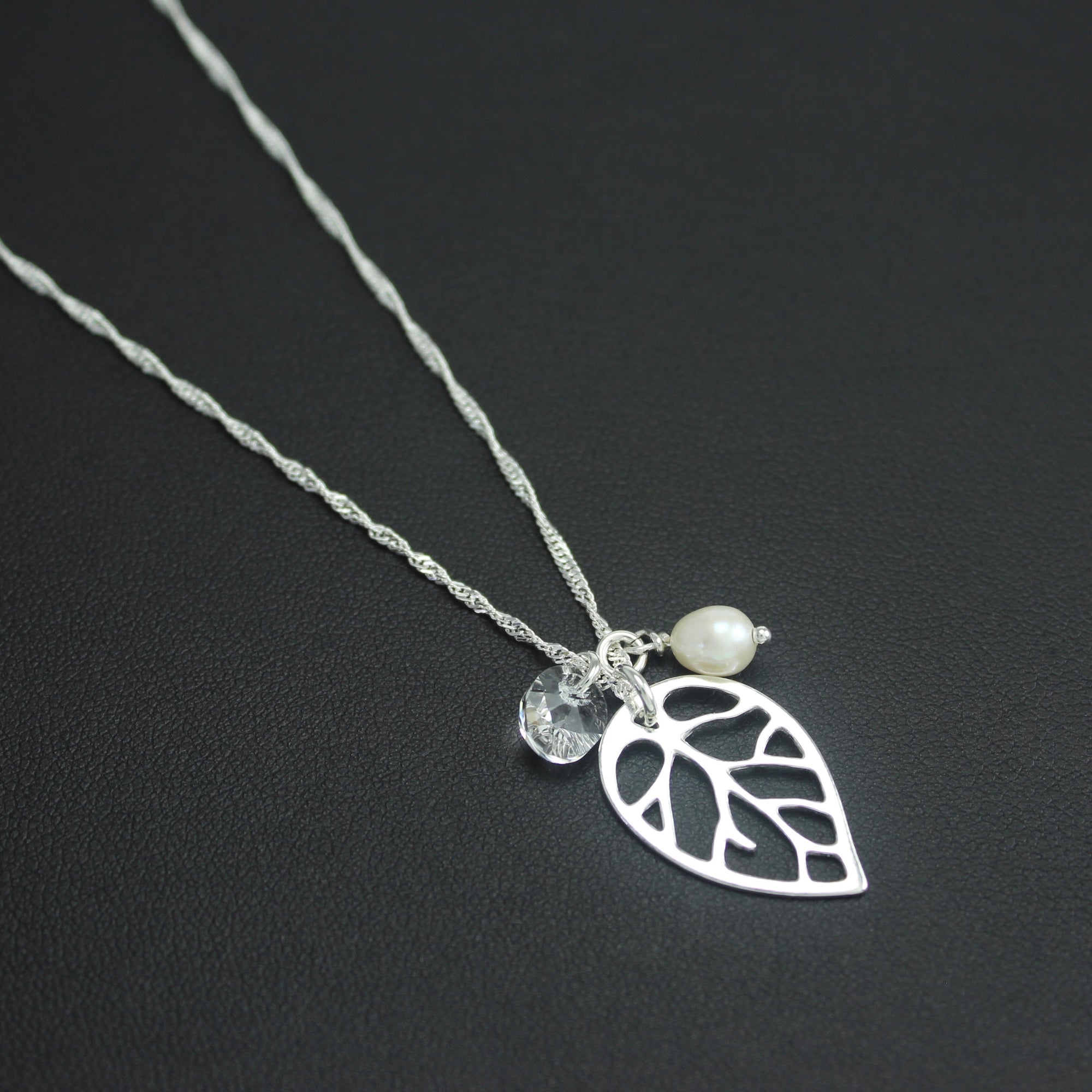 Waltz Cluster Necklace with Sterling Silver Leaf, Pearl and Crystal - Ativa Jewellery