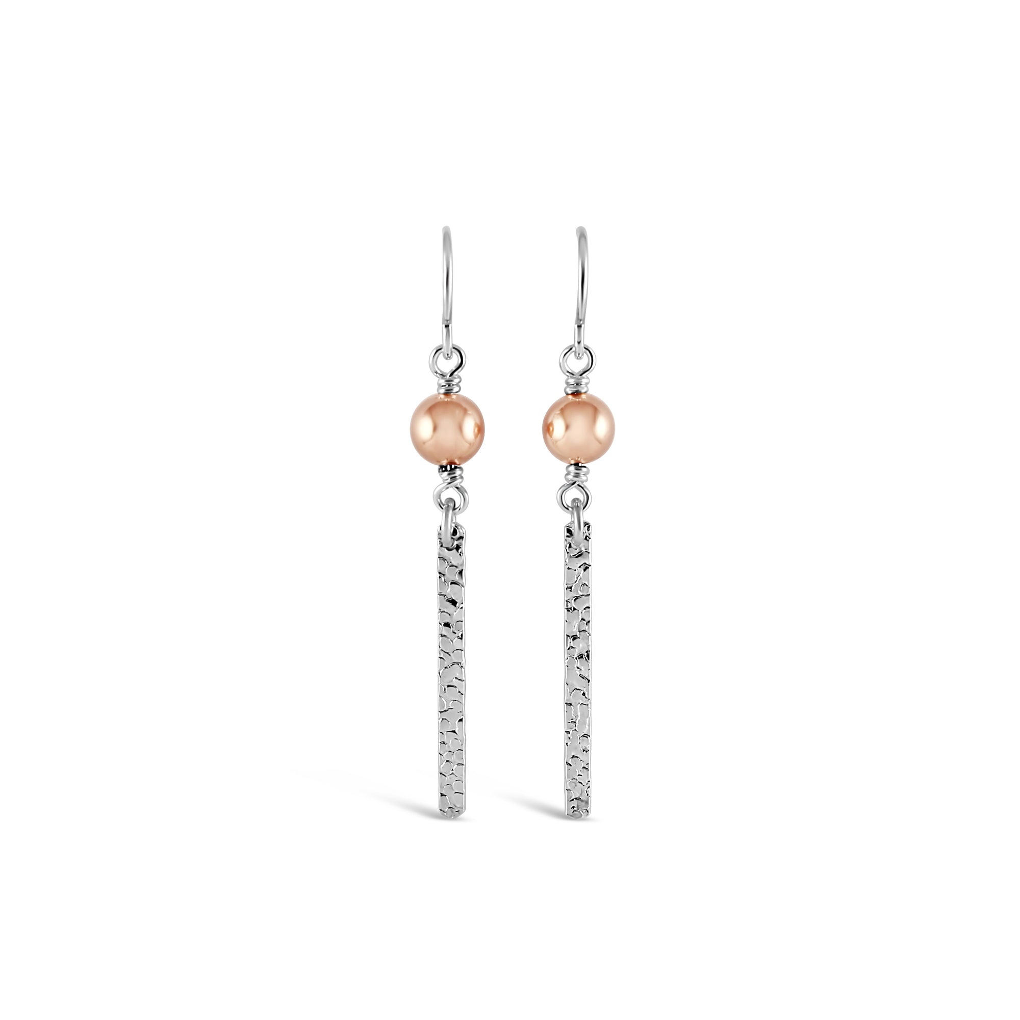Contemporary Rose Gold & Silver Hammered Drop Earrings - Ativa Jewellery