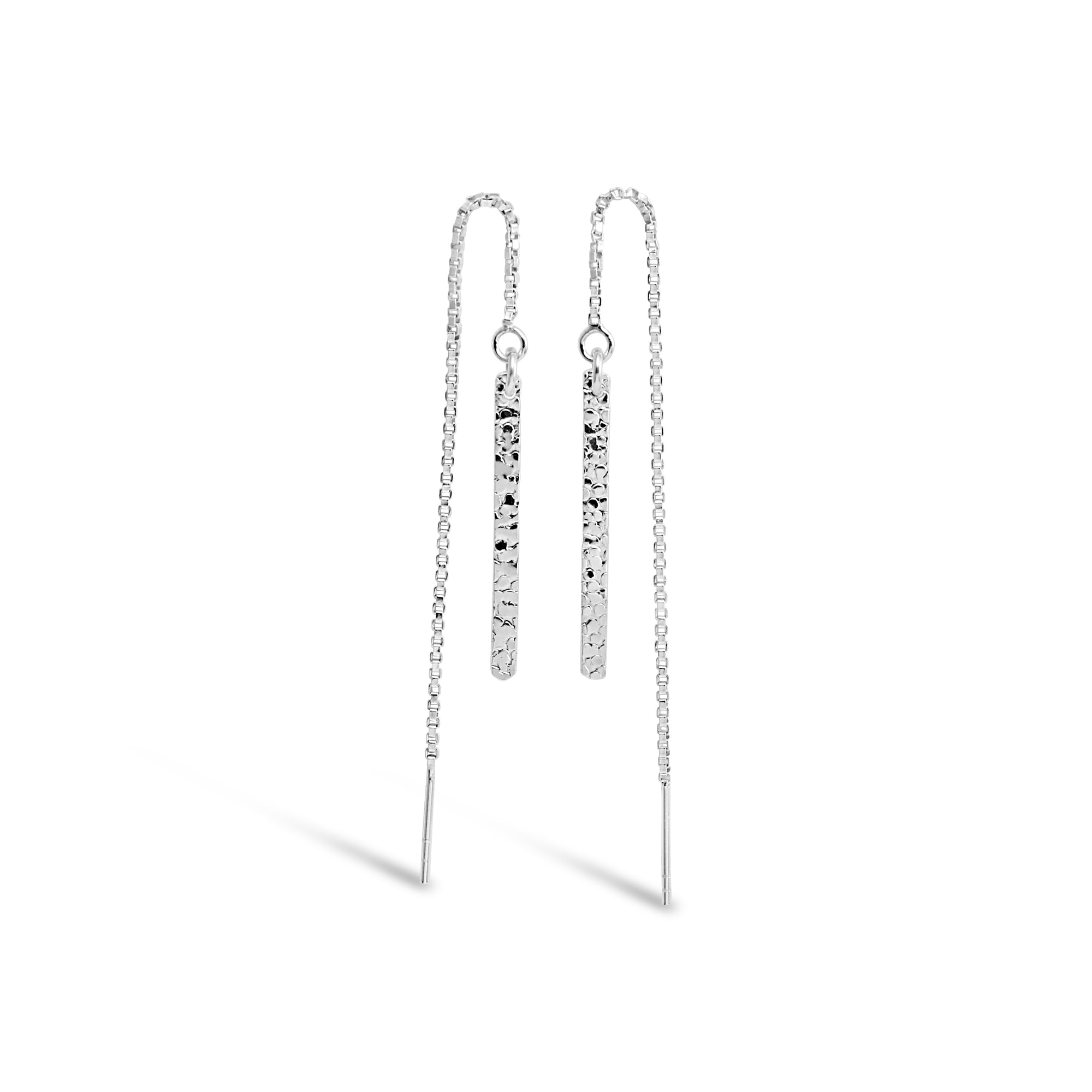 Contemporary Hammered Silver Bar Thread Earrings - Ativa Jewellery