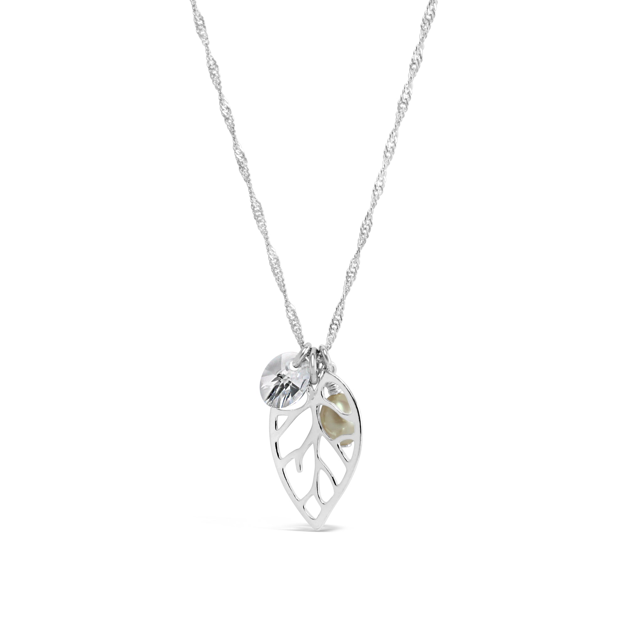 Waltz Cluster Necklace with Sterling Silver Leaf, Pearl and Crystal - Ativa Jewellery