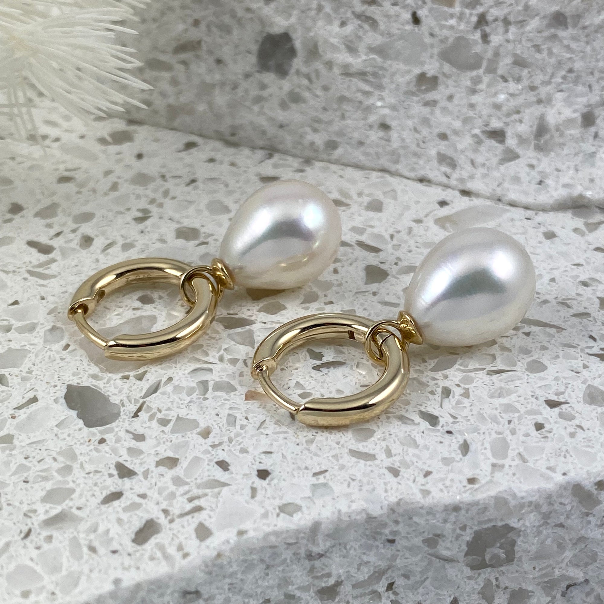 Solid 9ct Gold & Pearl Drop Huggie Earrings - Ativa Jewellery